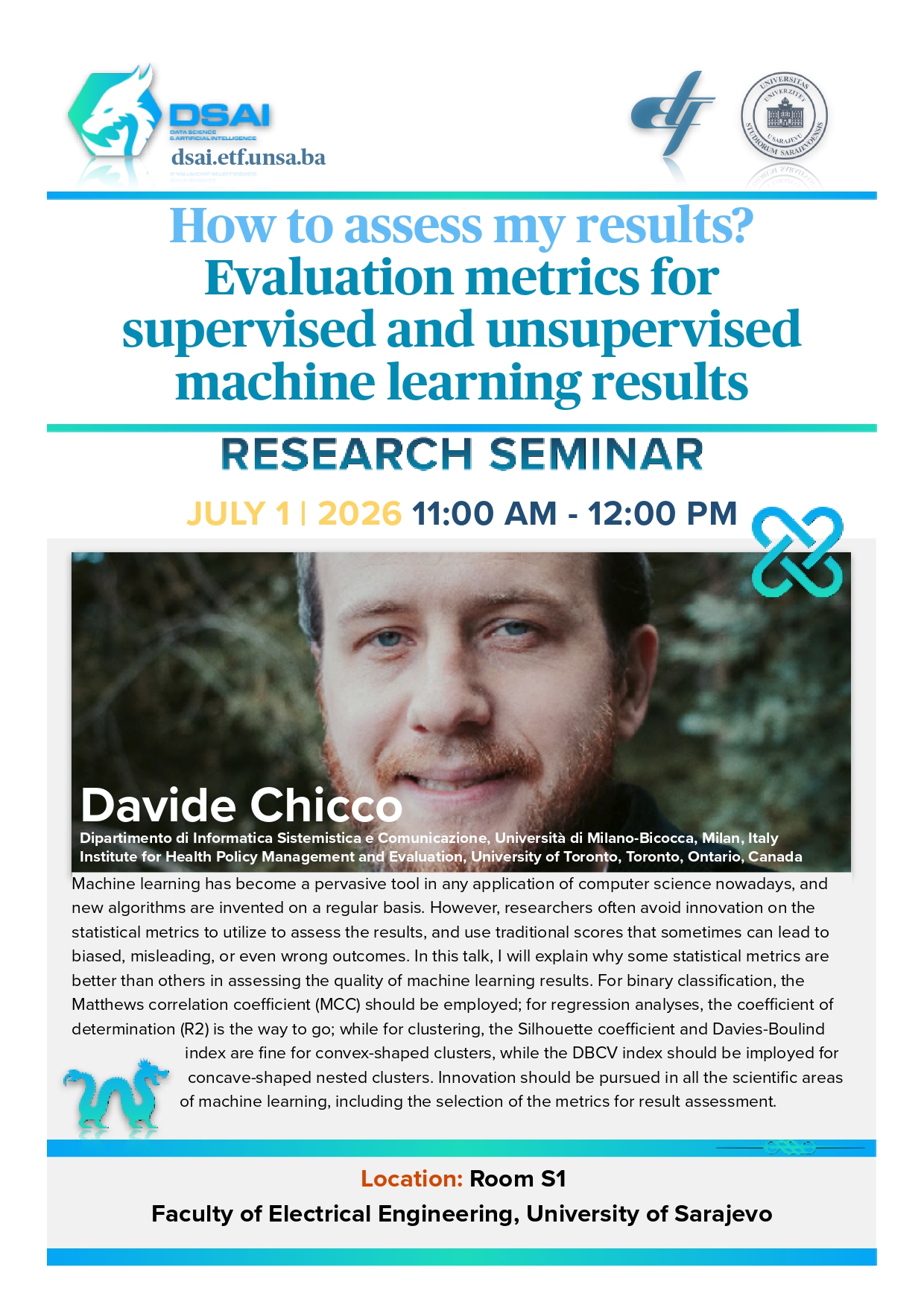 From MCC to the Saturn Coefficient: A Two-Day Seminar on Evaluation Metrics & Dimensionality Reduction with Prof. Davide Chicco